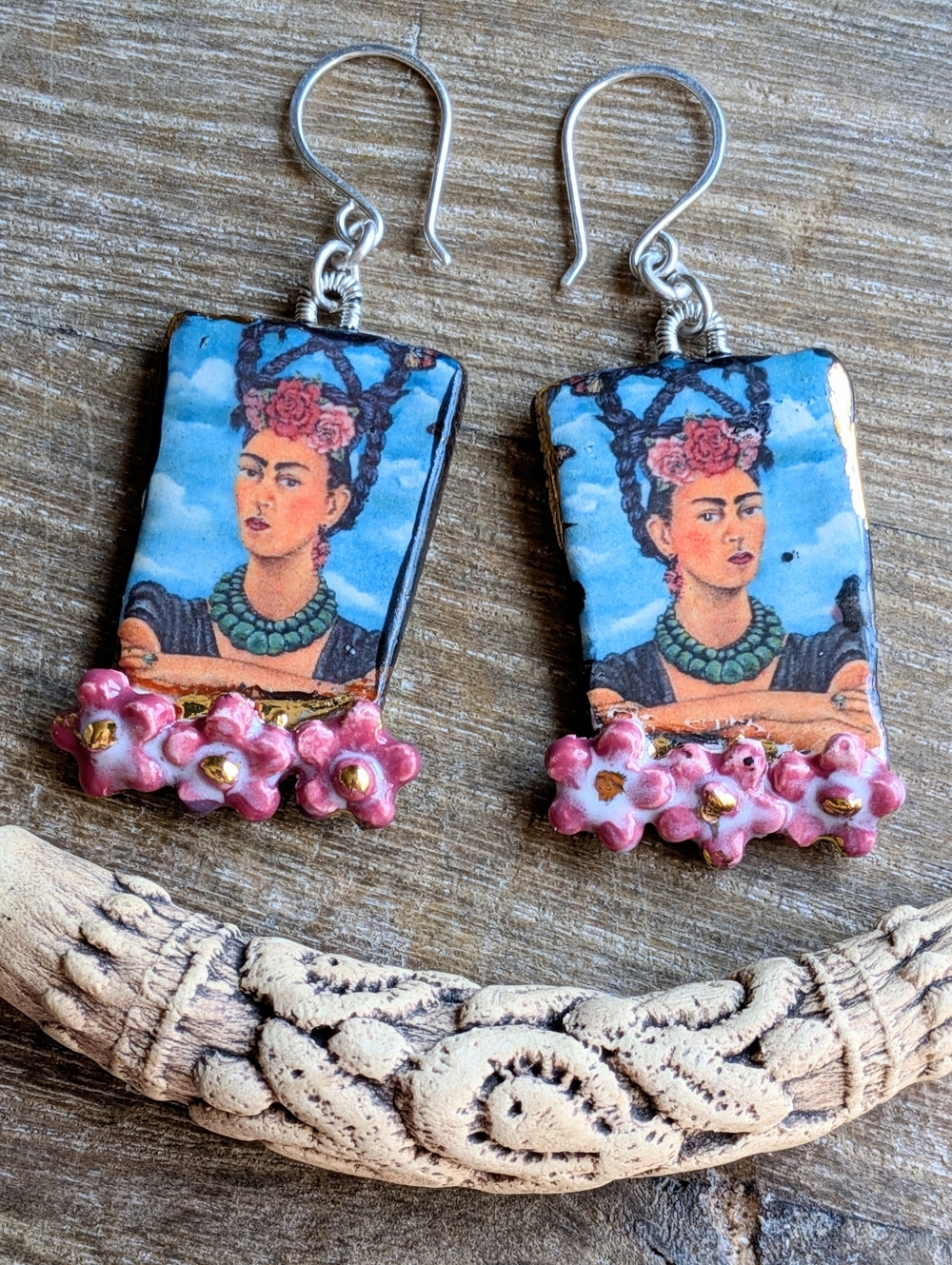 Rare Frida Khalo Earrings Artisan Ceramic Jewelry Sterling Silver - Picture 4 of 15